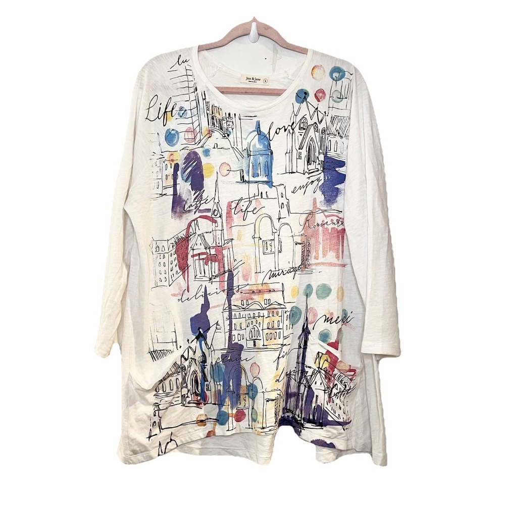 Jess & Jane Top Watercolor Architecture Buildings City Lagenlook Tunic Pockets S